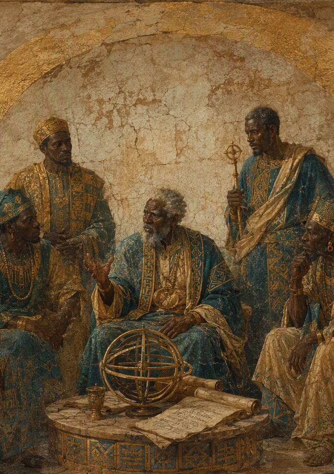 Fresco study of councilors in teal and gold robes deliberating around a stone table bearing an armillary sphere and an open scroll.