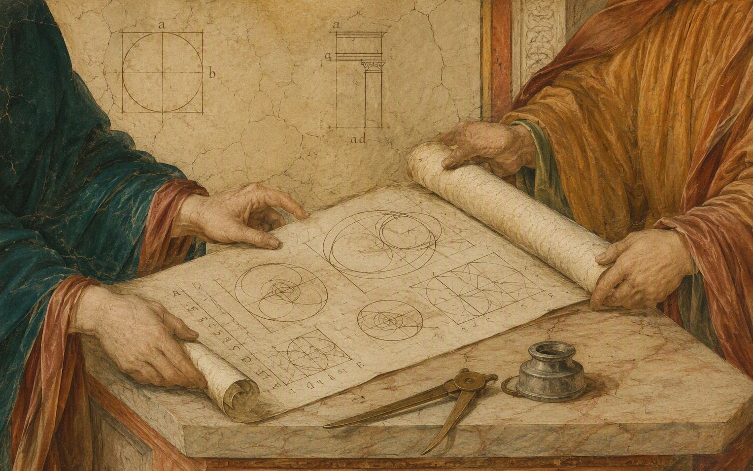 Fresco detail — two pairs of hands unrolling a scroll of geometric diagrams across a stone table, a caliper and inkwell beside it.